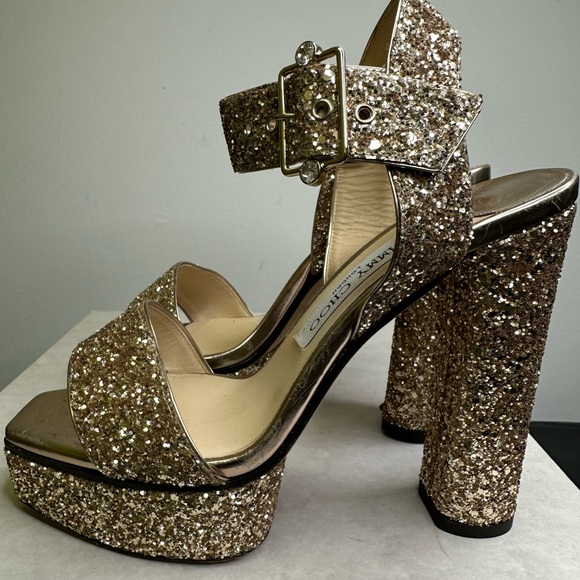 Jimmy Choo Maie Gold Glitter Platform Heels size 38 - Picture 14 of 14